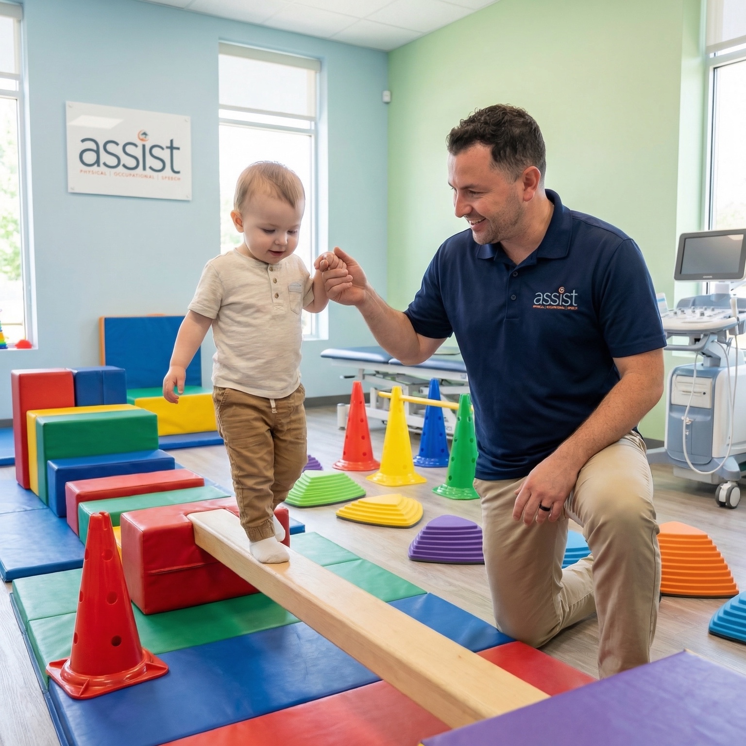Pediatric physical therapist helping a child practice balance