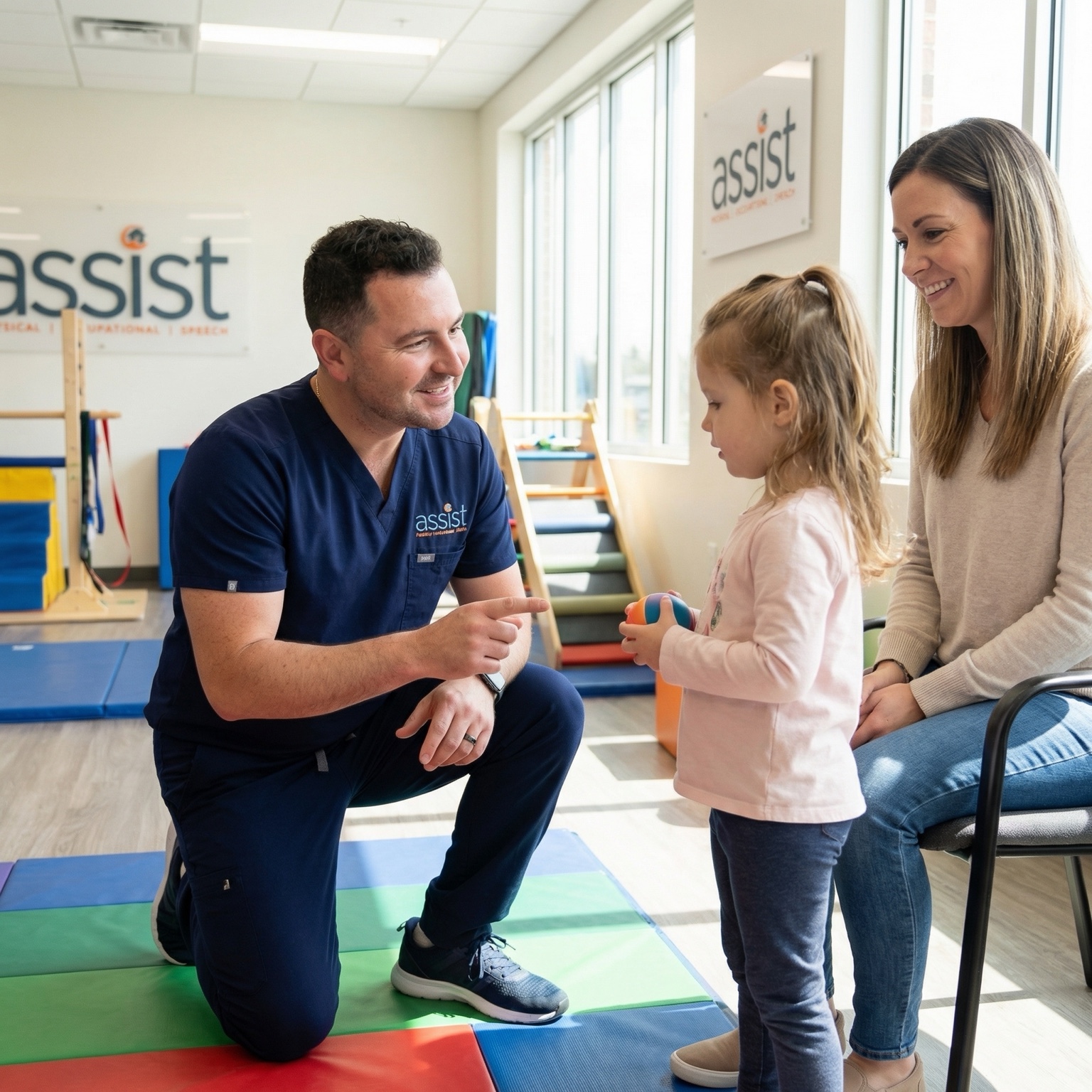 Pediatric therapist and parent working with a child during a therapy session