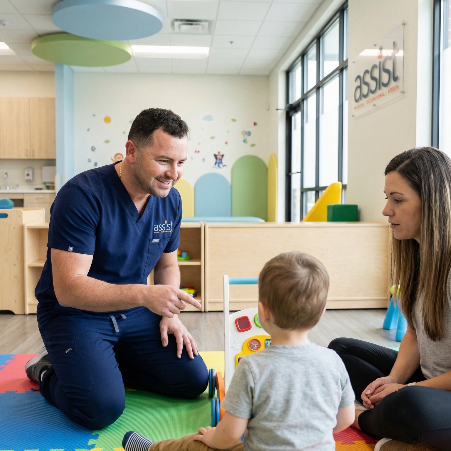 Therapist engaging a child in pediatric therapy activities