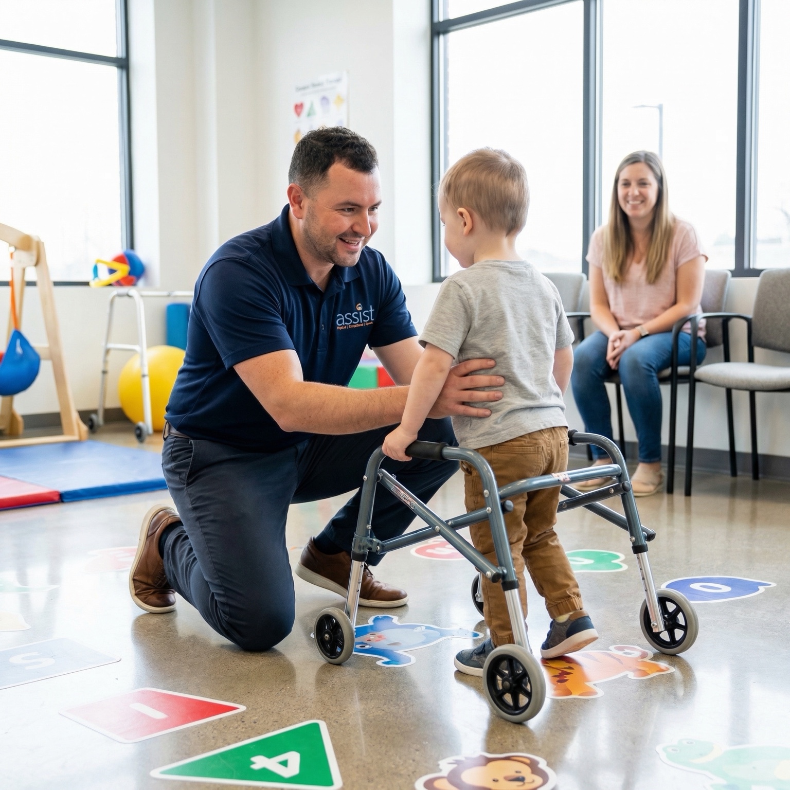 Pediatric physical therapist supporting a child with gait training