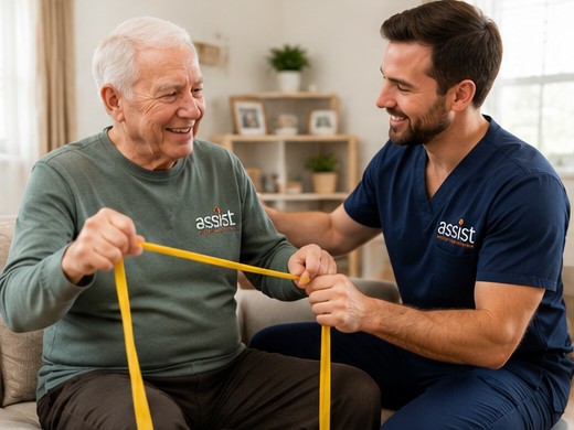 Geriatric physical therapist helping an older adult with strengthening exercises