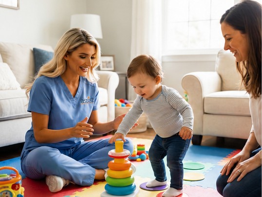 Pediatric therapist supporting a toddler during an in-home therapy session